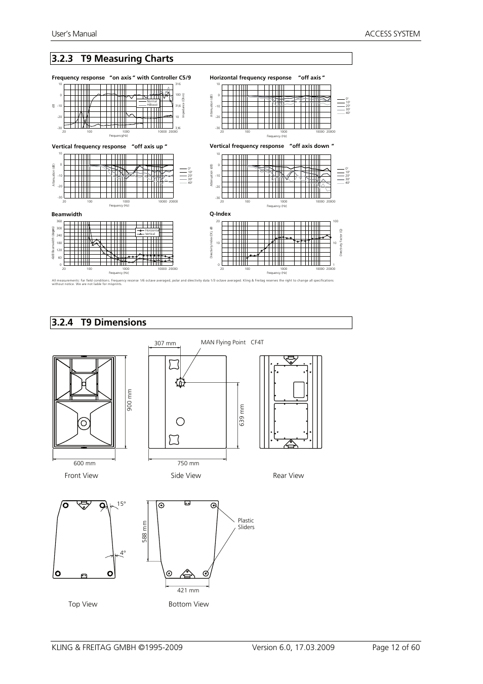 3 t9 measuring charts, 4 t9 dimensions, T9 measuring charts | T9 dimensions, Front view top view bottom view, Side view rear view | KLING & FREITAG K&F ACCESS T9 User Manual | Page 12 / 60