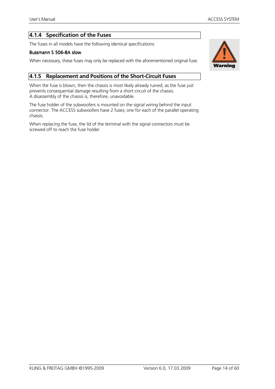 4 specification of the fuses, Specification of the fuses | KLING & FREITAG K&F ACCESS T9 User Manual | Page 14 / 60