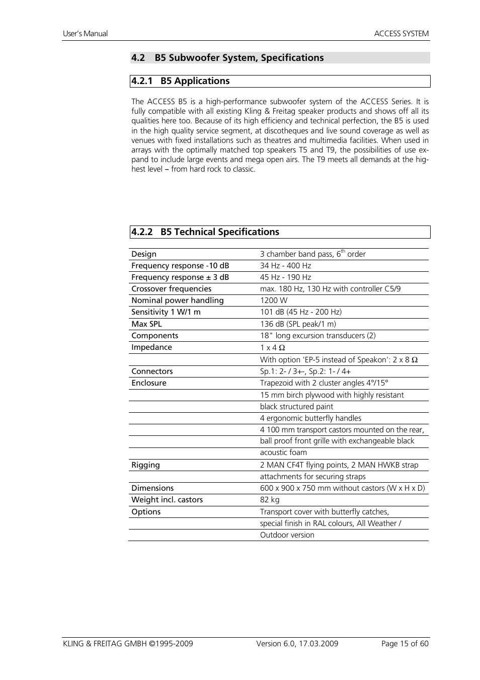 2 b5 subwoofer system, specifications, 1 b5 applications, 2 b5 technical specifications | B5 subwoofer system, specifications, B5 applications, B5 technical specifications | KLING & FREITAG K&F ACCESS T9 User Manual | Page 15 / 60