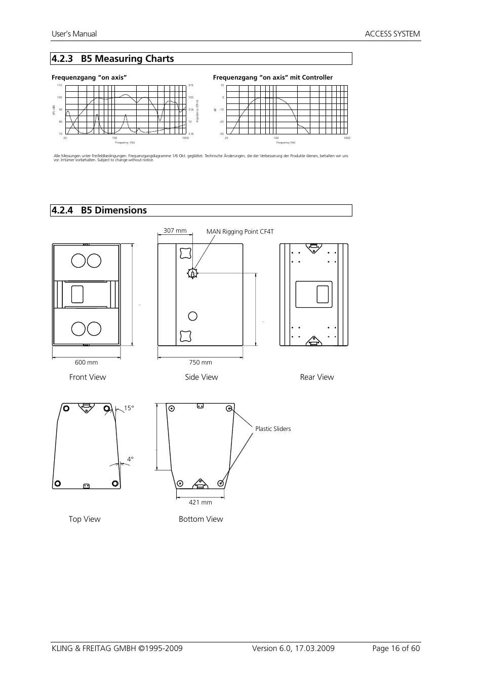 3 b5 measuring charts, 4 b5 dimensions, B5 measuring charts | B5 dimensions, Front view top view, Bottom view, Side view, Rear view, 588 mm, 900 mm | KLING & FREITAG K&F ACCESS T9 User Manual | Page 16 / 60