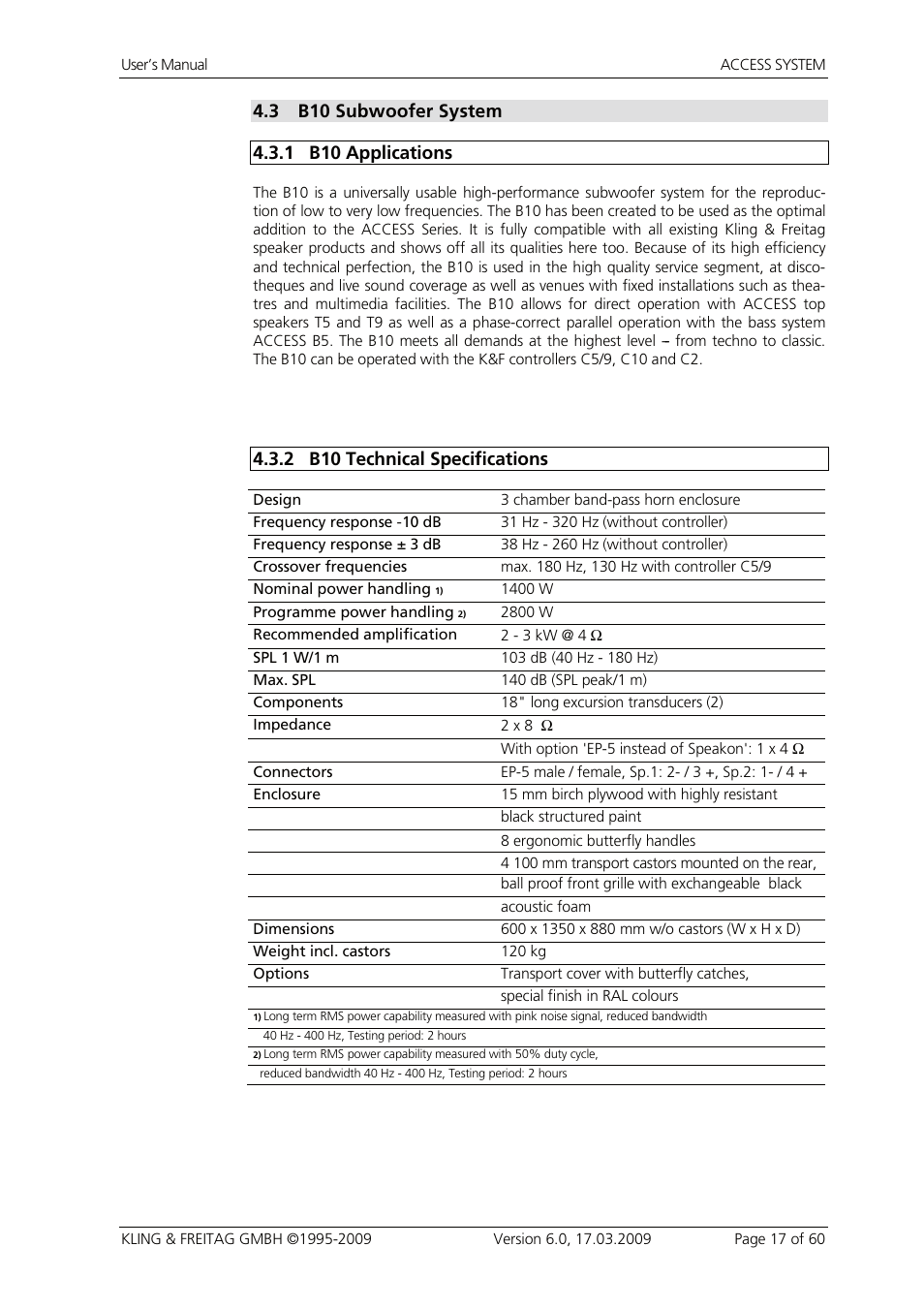 3 b10 subwoofer system, 1 b10 applications, 2 b10 technical specifications | B10 subwoofer system, B10 applications, B10 technical specifications | KLING & FREITAG K&F ACCESS T9 User Manual | Page 17 / 60