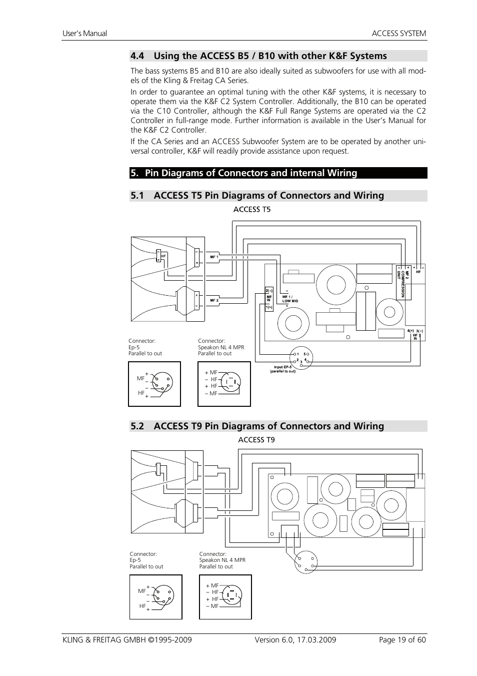 4 using the access b5 / b10 with other k&f systems, 5 pin diagrams of connectors and internal wiring, 1 access t5 pin diagrams of connectors and wiring | 2 access t9 pin diagrams of connectors and wiring, Using the access b5 / b10 with other k&f systems, Pin diagrams of connectors and internal wiring, Access t5 pin diagrams of connectors and wiring, Access t9 pin diagrams of connectors and wiring, Access t9 | KLING & FREITAG K&F ACCESS T9 User Manual | Page 19 / 60