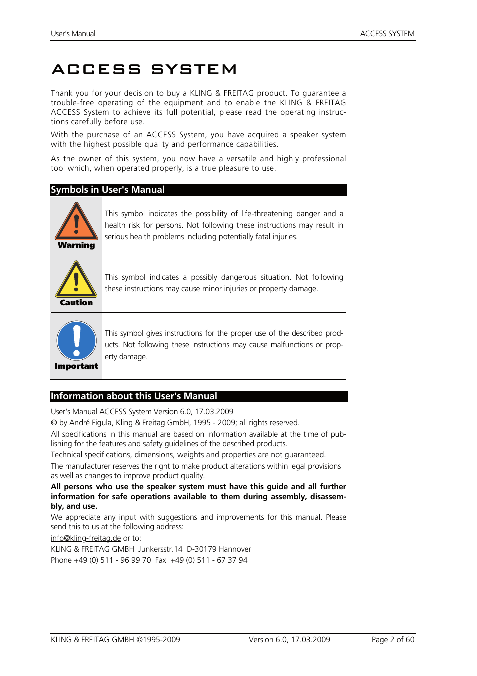 Access system | KLING & FREITAG K&F ACCESS T9 User Manual | Page 2 / 60