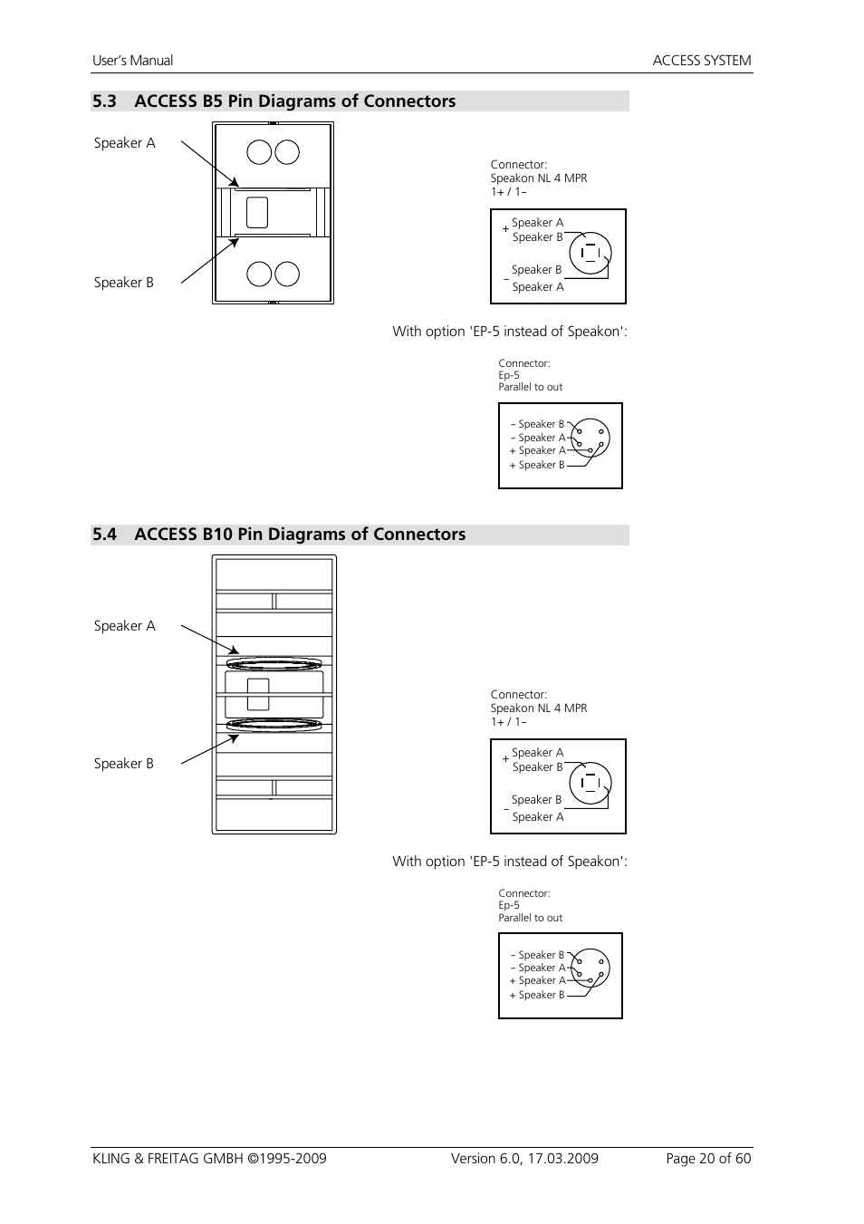 3 access b5 pin diagrams of connectors, 4 access b10 pin diagrams of connectors, Access b5 pin diagrams of connectors | Access b10 pin diagrams of connectors | KLING & FREITAG K&F ACCESS T9 User Manual | Page 20 / 60