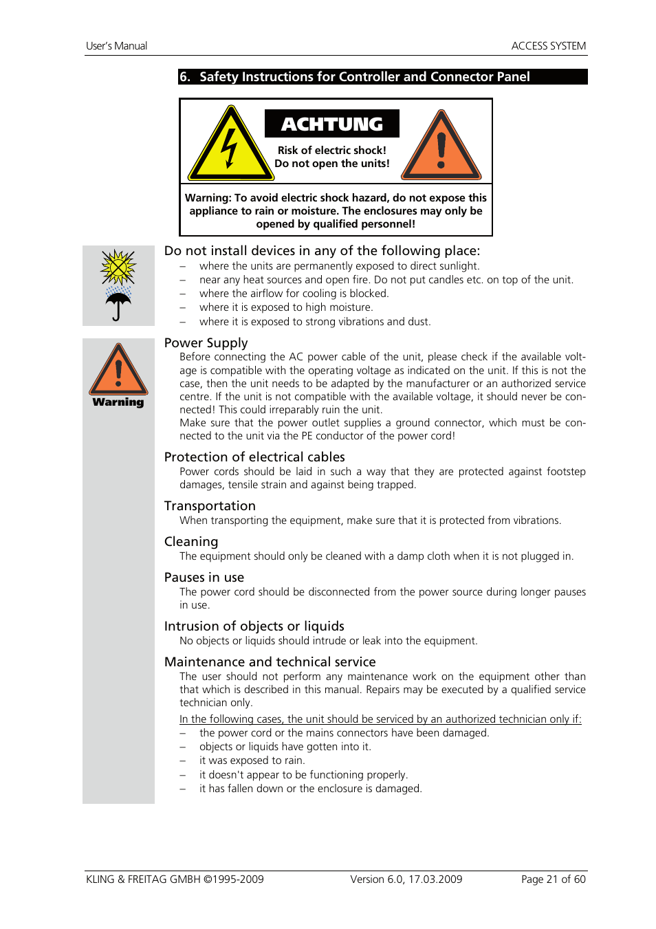Achtung | KLING & FREITAG K&F ACCESS T9 User Manual | Page 21 / 60