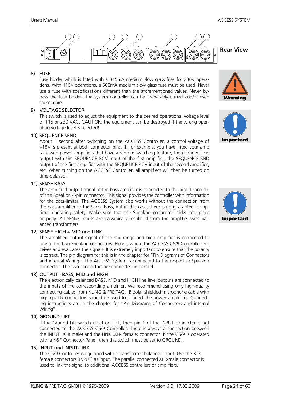 Rear view, Warning important important | KLING & FREITAG K&F ACCESS T9 User Manual | Page 24 / 60