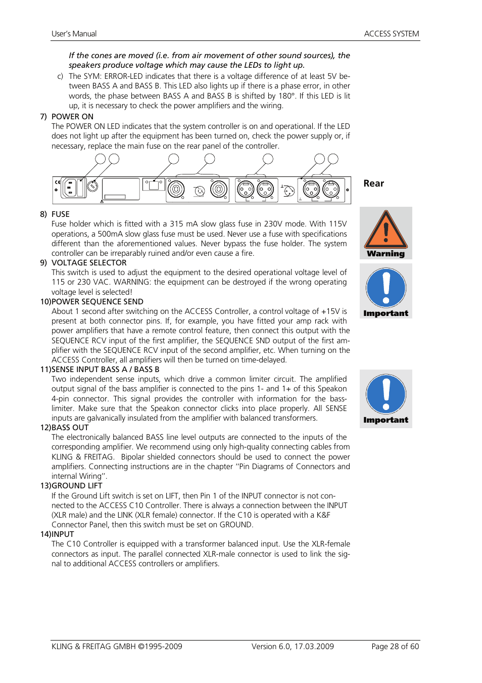Rear, Warning important important | KLING & FREITAG K&F ACCESS T9 User Manual | Page 28 / 60