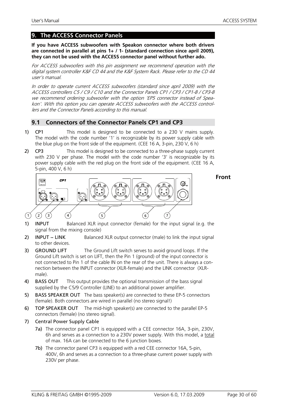 9 the access connector panels, 1 connectors of the connector panels cp1 and cp3, The access connector panels | Connectors of the connector panels cp1 and cp3, Front | KLING & FREITAG K&F ACCESS T9 User Manual | Page 30 / 60