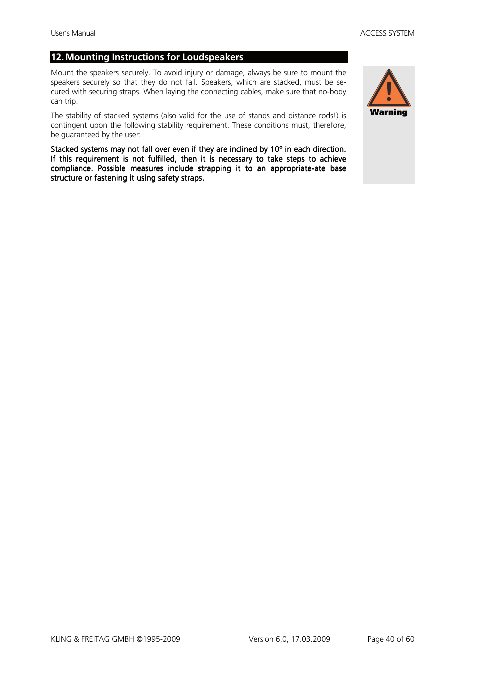 12 mounting instructions for loudspeakers, Mounting instructions for loudspeakers, Mounting instructions for loudspeakers) | KLING & FREITAG K&F ACCESS T9 User Manual | Page 40 / 60