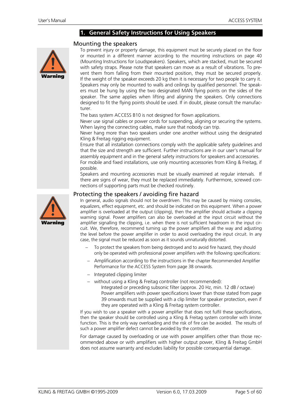 1 general safety instructions for using speakers, General safety instructions for using speakers, Protecting the speakers / avoiding fire hazard | KLING & FREITAG K&F ACCESS T9 User Manual | Page 5 / 60