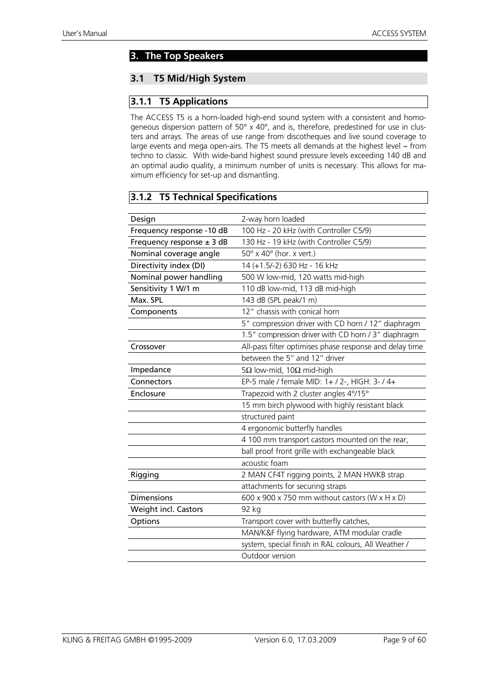 3 the top speakers, 1 t5 mid/high system, 1 t5 applications | 2 t5 technical specifications, The top speakers, T5 mid/high system, T5 applications, T5 technical specifications | KLING & FREITAG K&F ACCESS T9 User Manual | Page 9 / 60