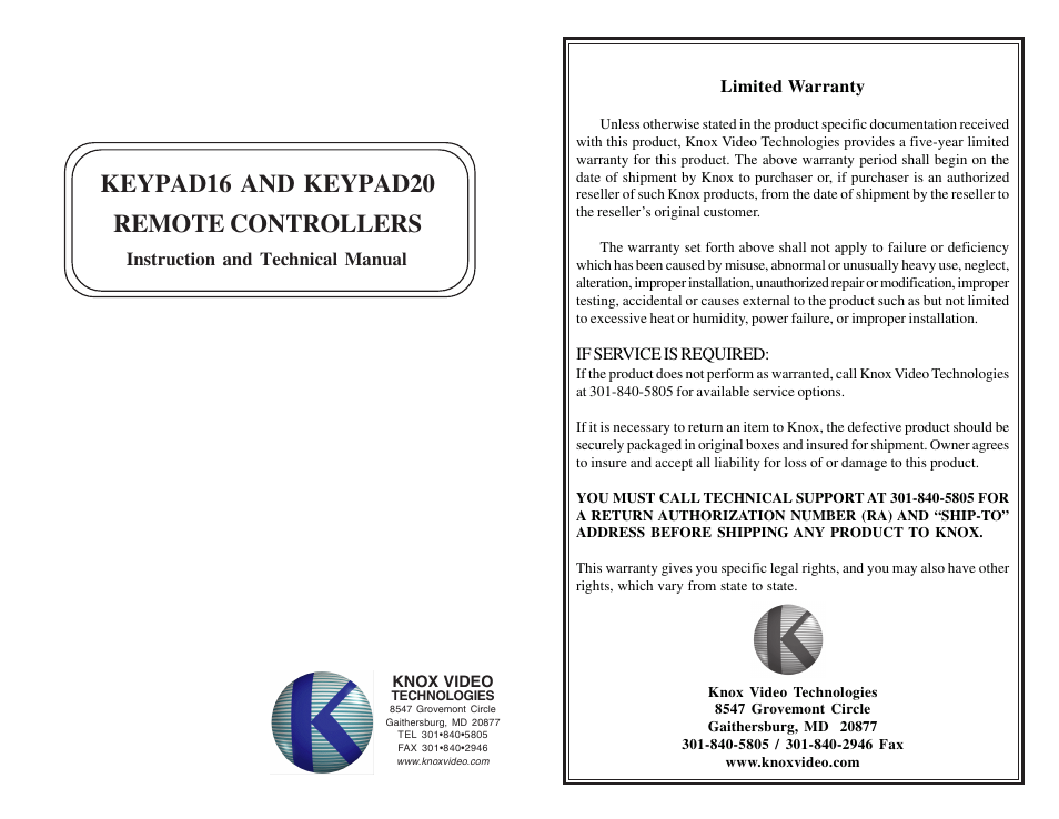 Knox Video KEYPAD16 User Manual | 9 pages