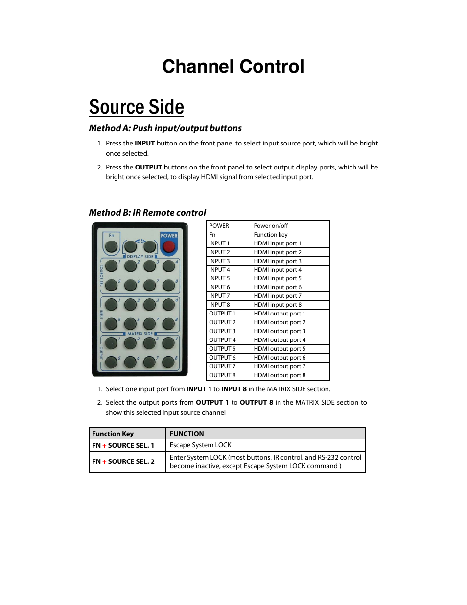 Source side, Channel control, Method a: push input/output buttons | Method b: ir remote control | Knox Video DIGI-88 User Manual | Page 12 / 21