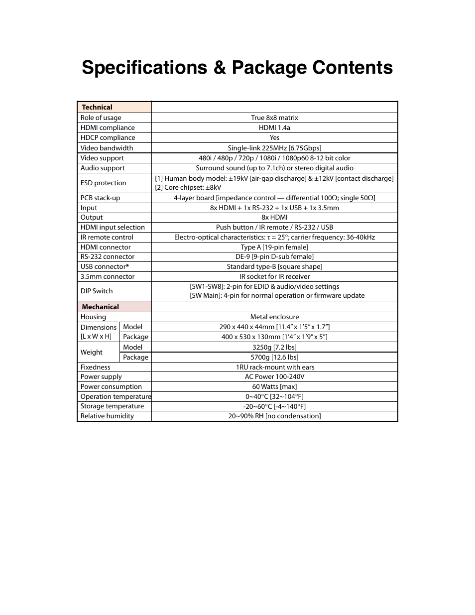 Specifications & package contents | Knox Video DIGI-88 User Manual | Page 6 / 21