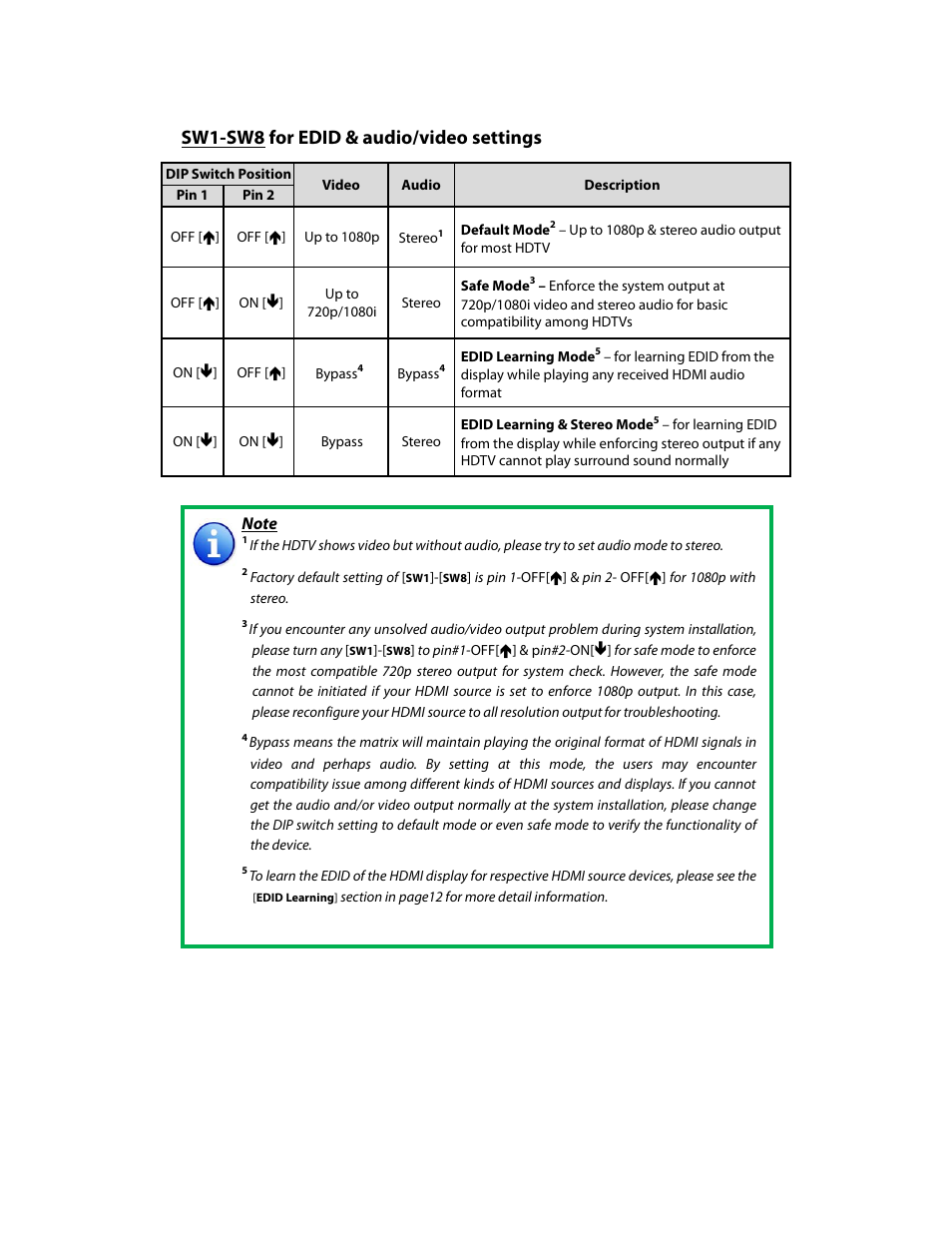 Dip switch, Sw1-sw8 for edid & audio/video settings | Knox Video DIGI-88 User Manual | Page 9 / 21