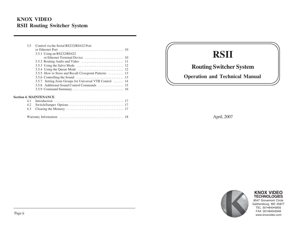 Rsii, Routing switcher system, Operation and technical manual | Knox video rsii routing switcher system | Knox Video RSII User Manual | Page 2 / 14