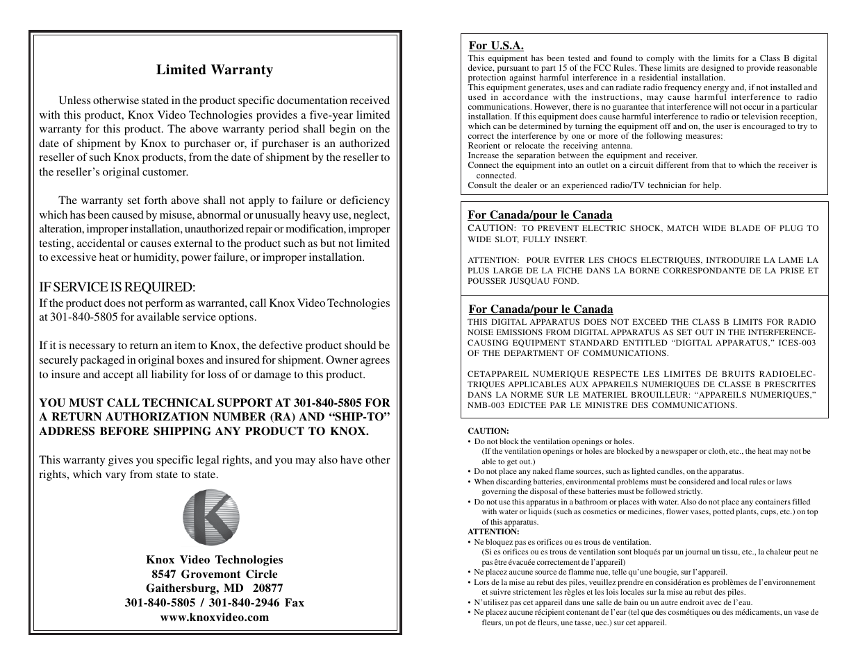 Limited warranty, If service is required | Knox Video RSII User Manual | Page 4 / 14