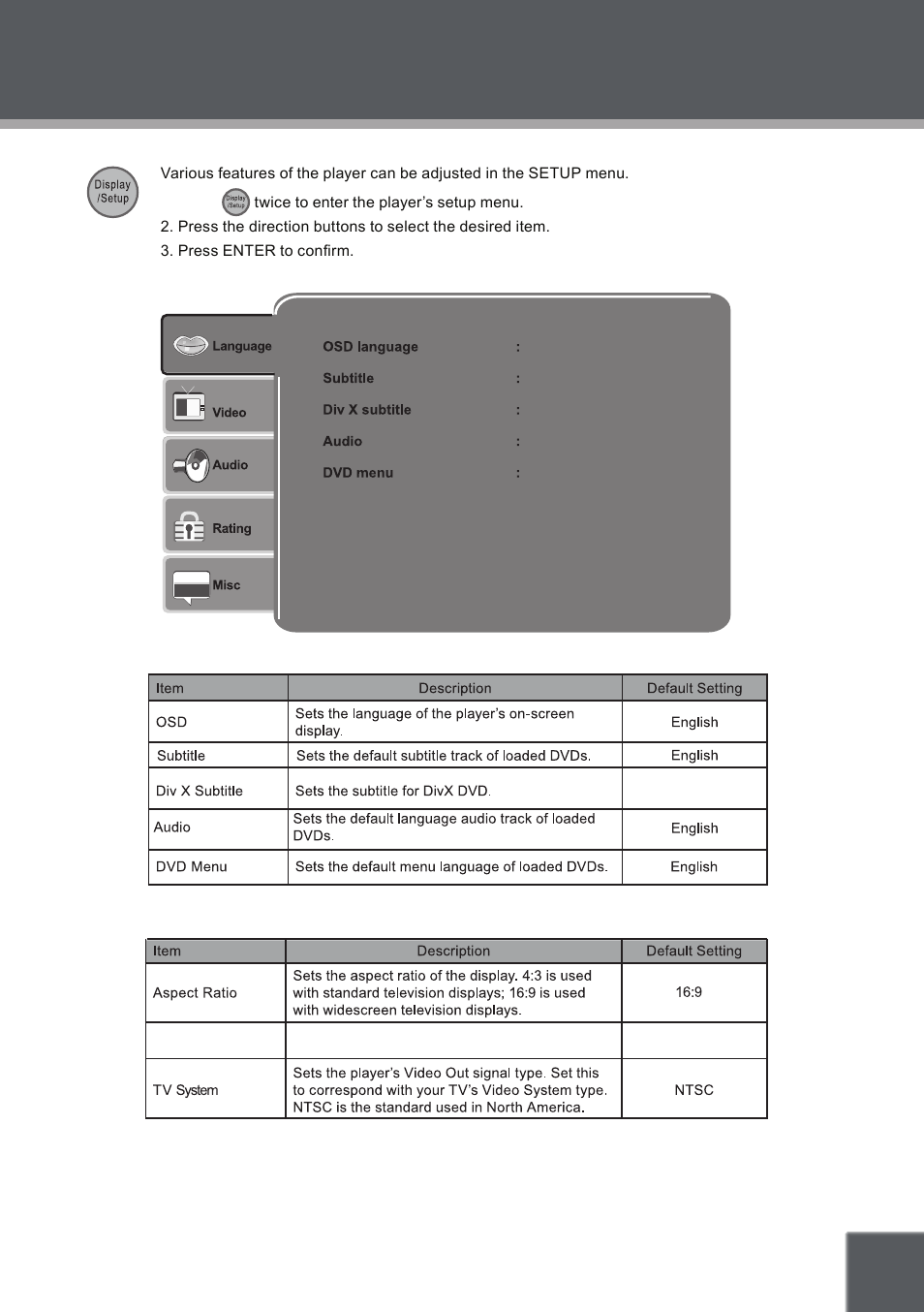 Custom setup, Audio setup, Setup | COBY electronic TFDVD7379 User Manual | Page 21 / 26