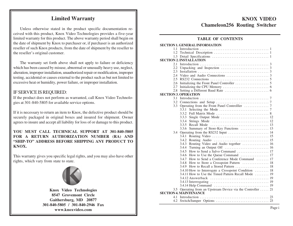 Limited warranty | Knox Video Chameleon256 Series User Manual | Page 5 / 17