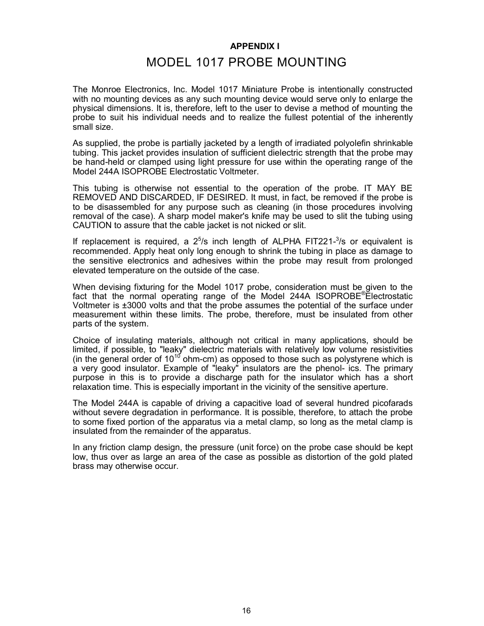 Model 1017 probe mounting | Monroe Electronics Electrostatic Voltmeter - Isoprobe® - model 244A User Manual | Page 17 / 24