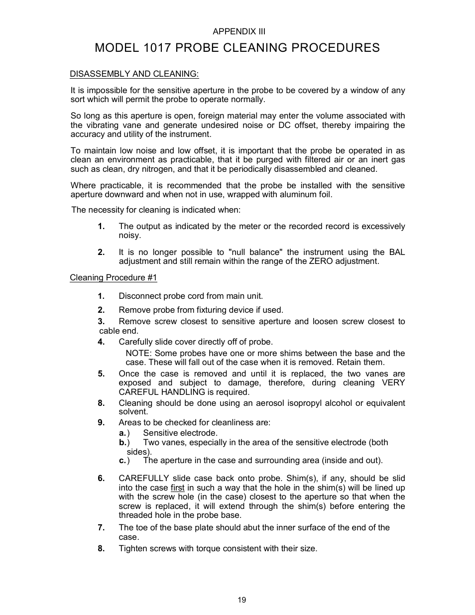 Model 1017 probe cleaning procedures | Monroe Electronics Electrostatic Voltmeter - Isoprobe® - model 244A User Manual | Page 20 / 24