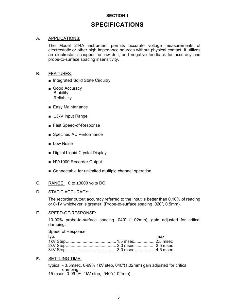 Specifications | Monroe Electronics Electrostatic Voltmeter - Isoprobe® - model 244A User Manual | Page 5 / 24