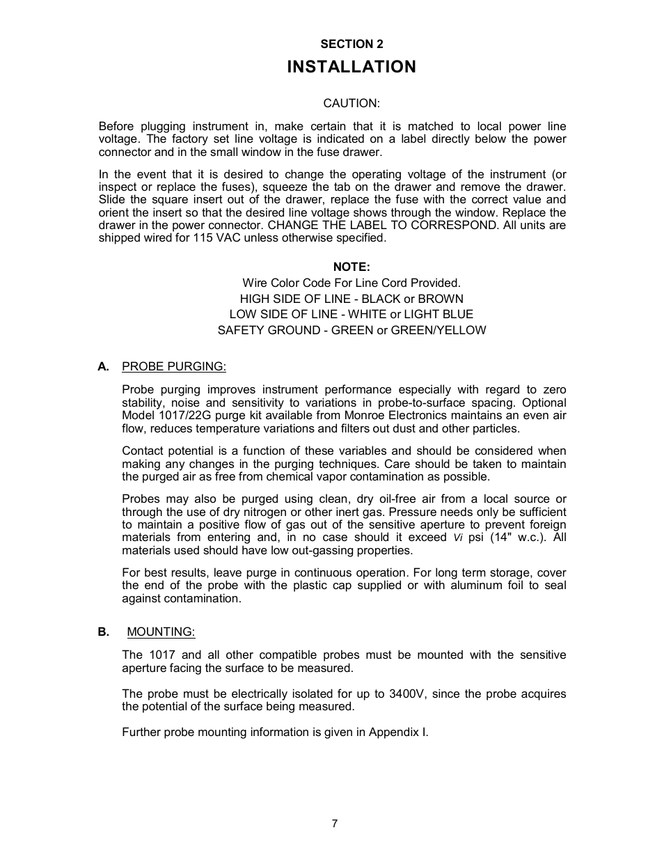 Installation | Monroe Electronics Electrostatic Voltmeter - Isoprobe® - model 244A User Manual | Page 7 / 24