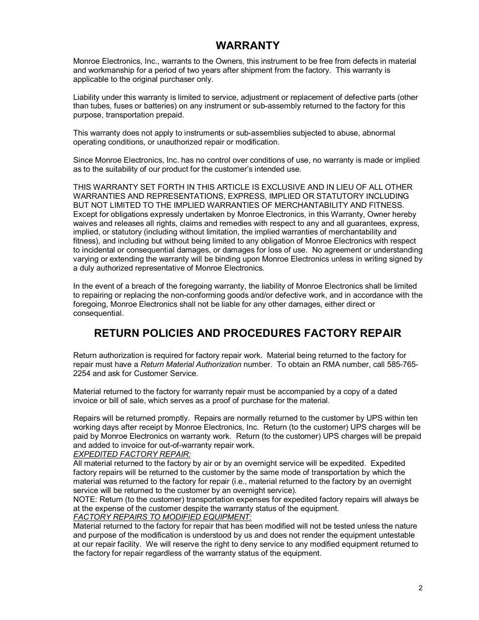 Warranty, Return policies and procedures factory repair | Monroe Electronics Electrostatic Fieldmeter - Static Monitor - model 177A User Manual | Page 3 / 96