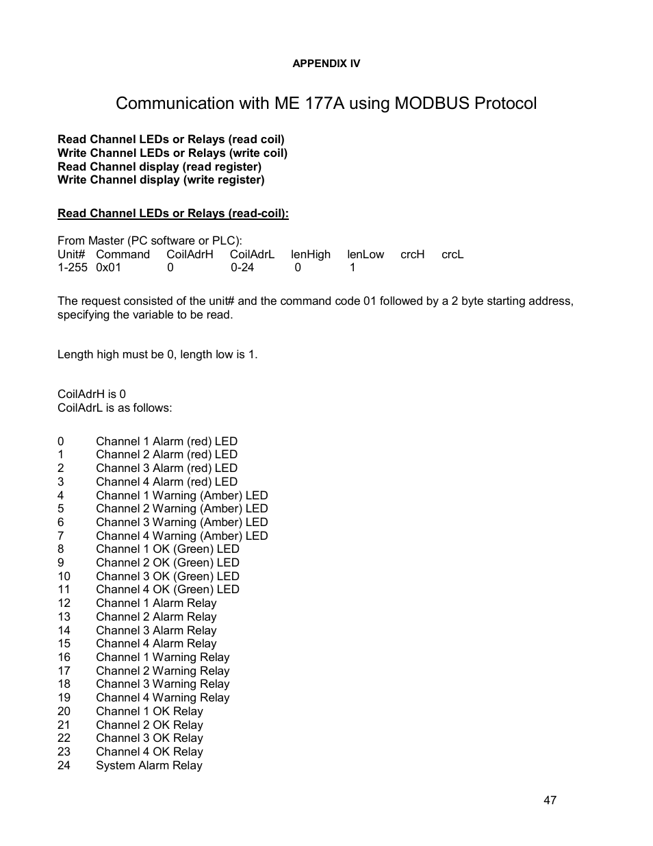 Communication with me 177a using modbus protocol | Monroe Electronics Electrostatic Fieldmeter - Static Monitor - model 177A User Manual | Page 48 / 96