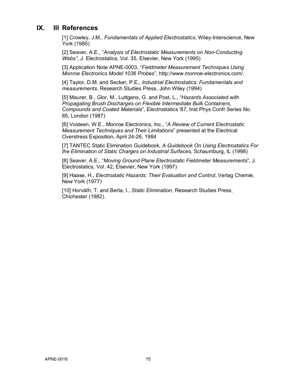 Ix. iii references | Monroe Electronics Electrostatic Fieldmeter - Static Monitor - model 177A User Manual | Page 76 / 96