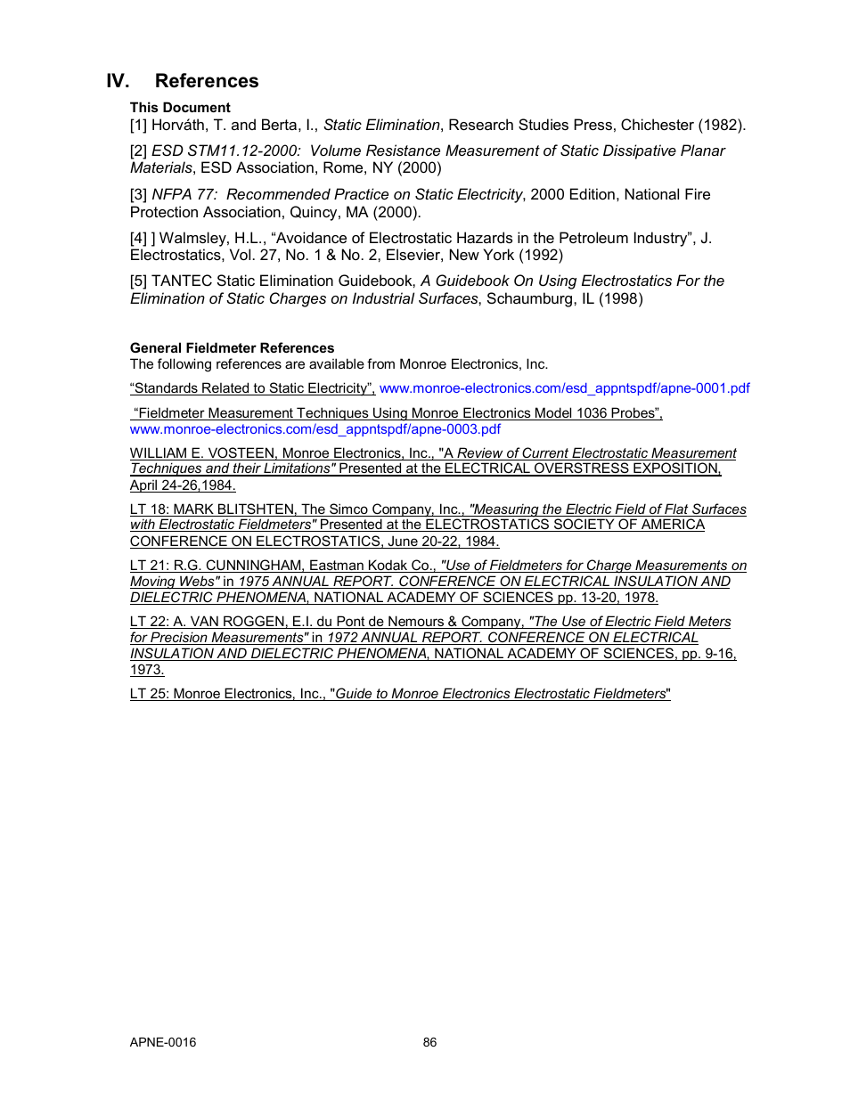 Iv. references | Monroe Electronics Electrostatic Fieldmeter - Static Monitor - model 177A User Manual | Page 87 / 96