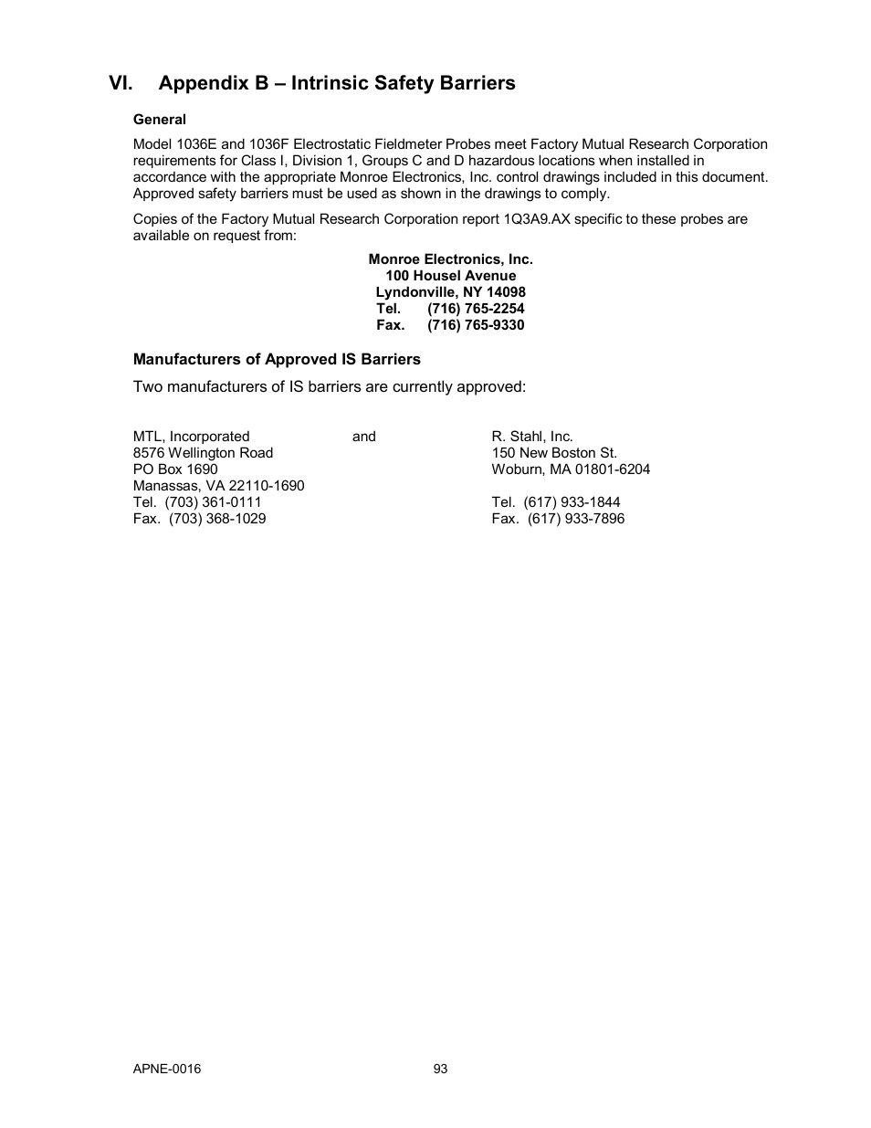 Vi. appendix b – intrinsic safety barriers | Monroe Electronics Electrostatic Fieldmeter - Static Monitor - model 177A User Manual | Page 94 / 96