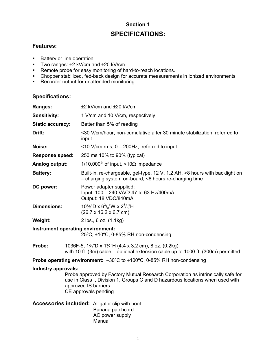 Specifications | Monroe Electronics Electrostatic Fieldmeter - Portable - model 257D User Manual | Page 3 / 13