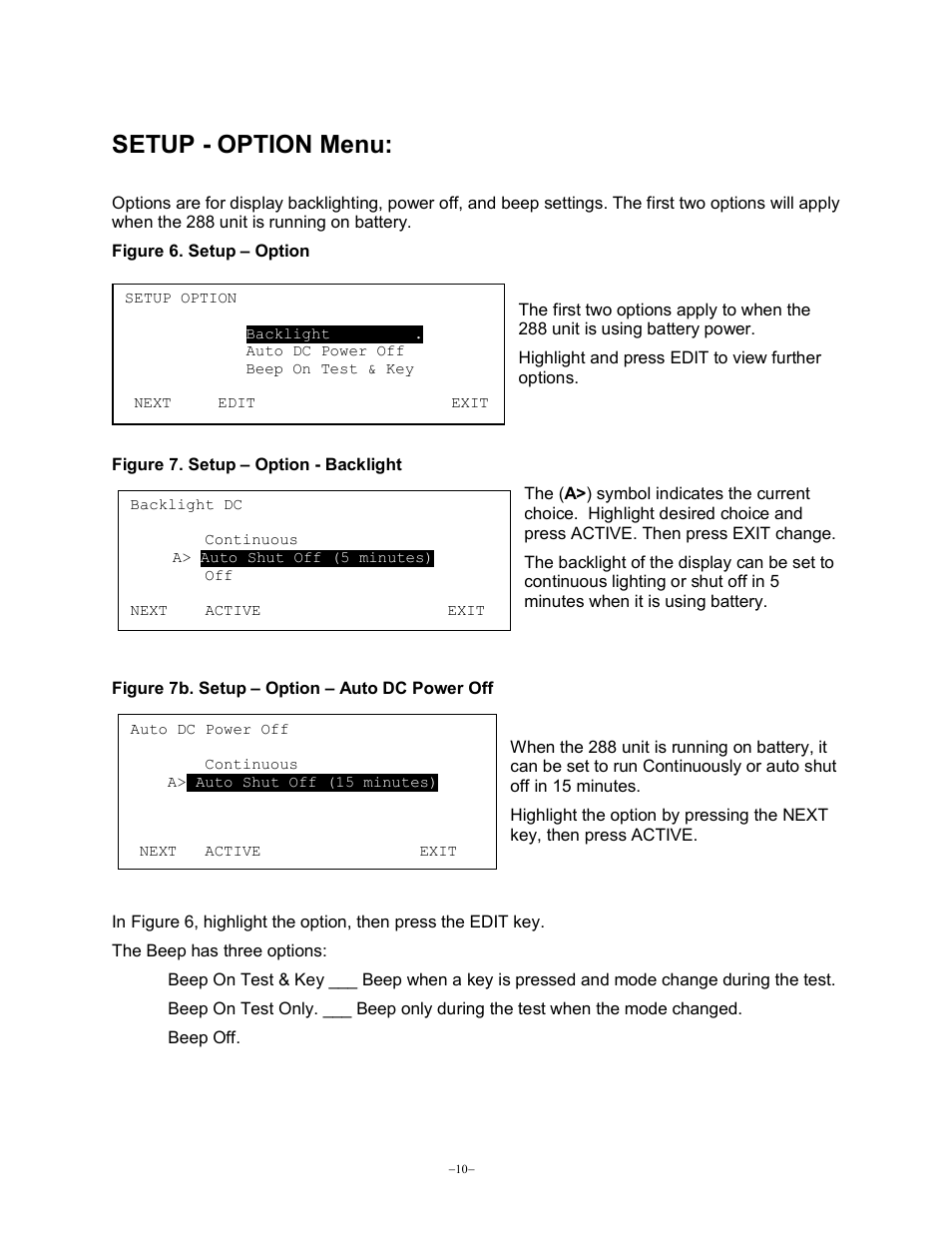 Setup - option menu | Monroe Electronics Charge Plate - Monitor - model 288B User Manual | Page 10 / 22