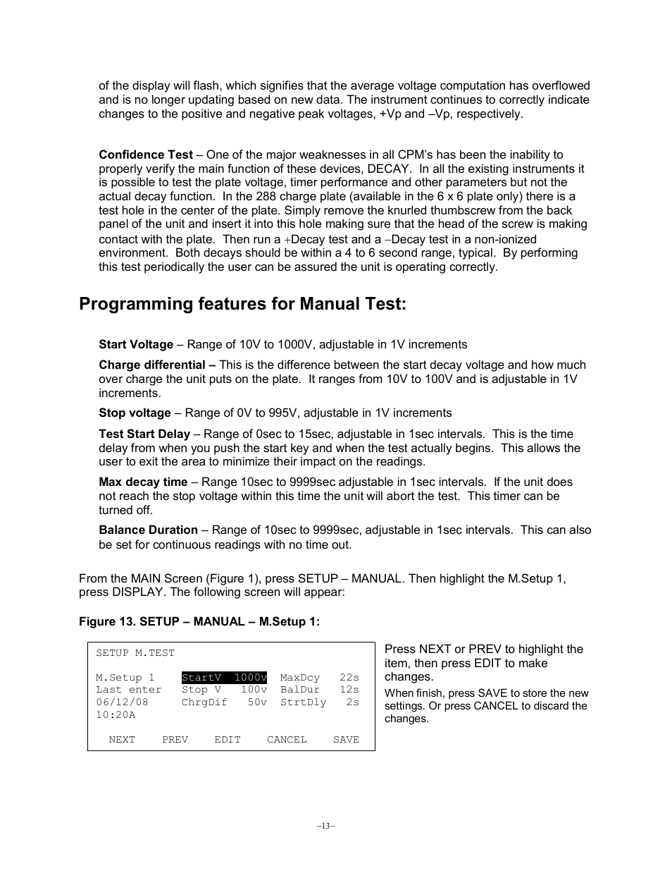 Programming features for manual test | Monroe Electronics Charge Plate - Monitor - model 288B User Manual | Page 13 / 22