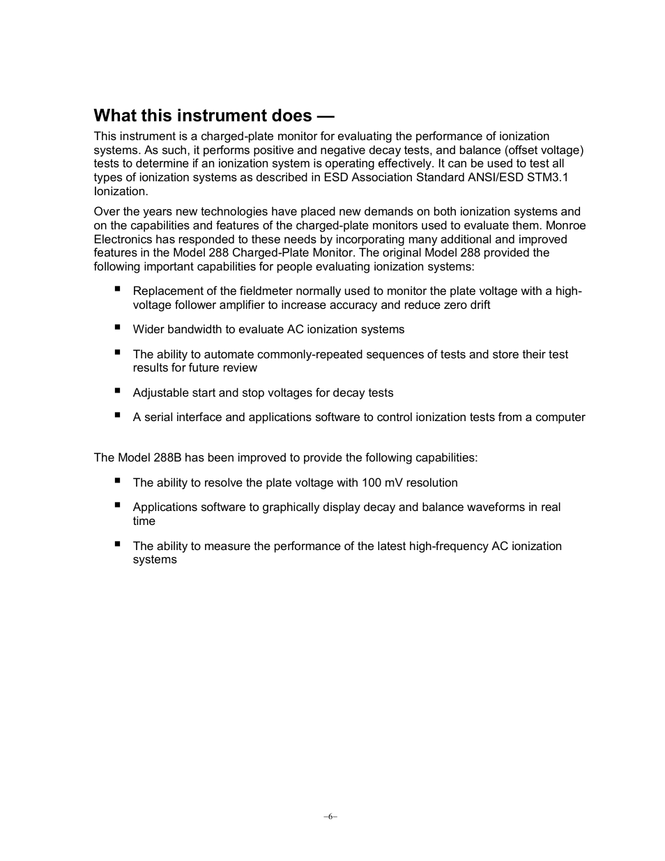 What this instrument does | Monroe Electronics Charge Plate - Monitor - model 288B User Manual | Page 6 / 22