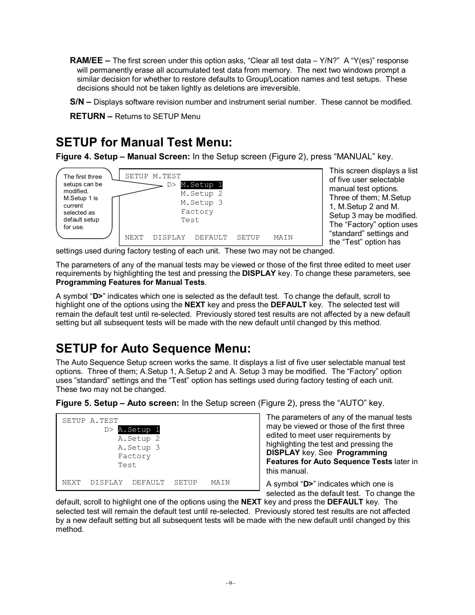 Setup for manual test menu, Setup for auto sequence menu | Monroe Electronics Charge Plate - Monitor - model 288B User Manual | Page 9 / 22