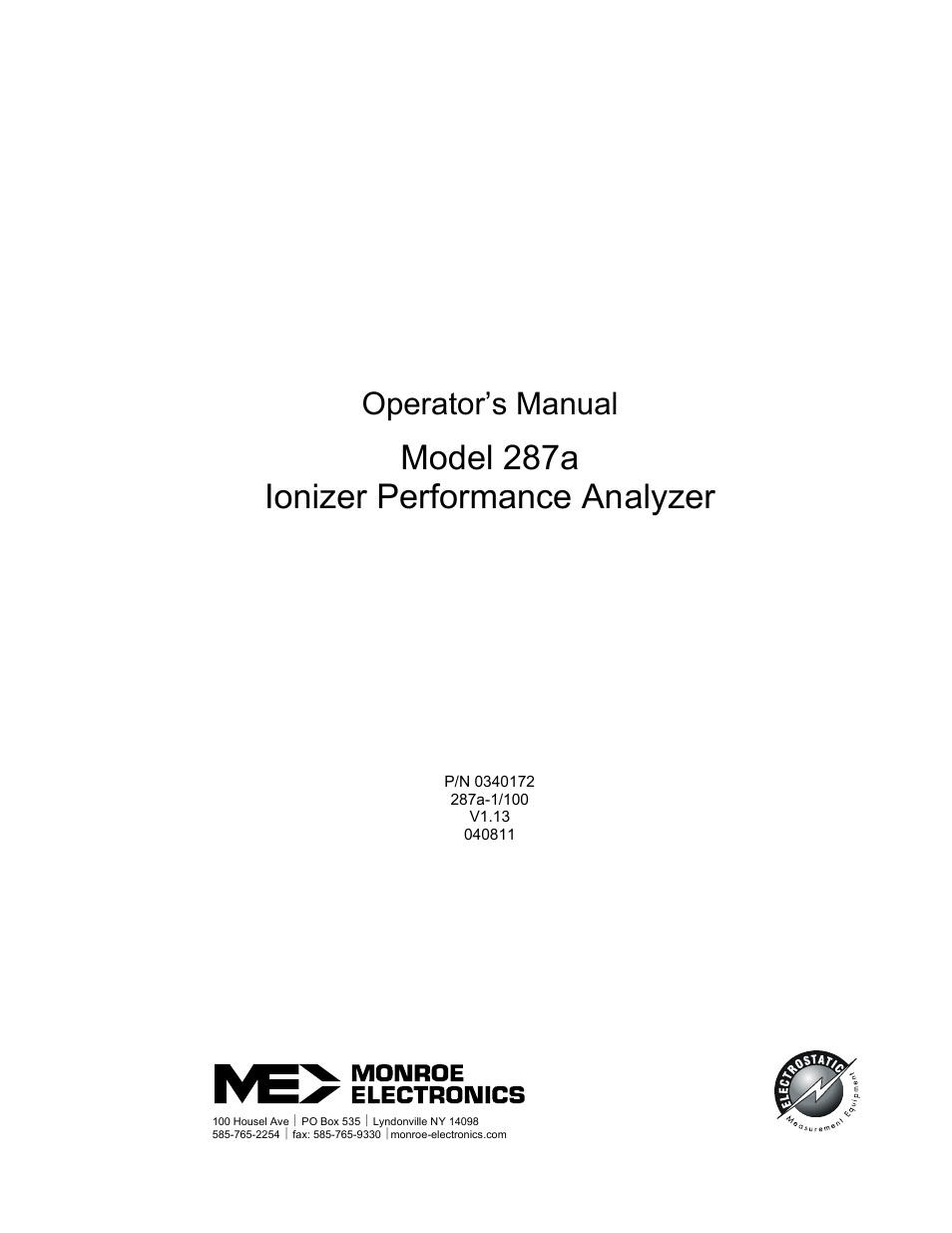 Monroe Electronics Charge Plate - Ionizer Performance Analyzer - model 287A User Manual | 12 pages