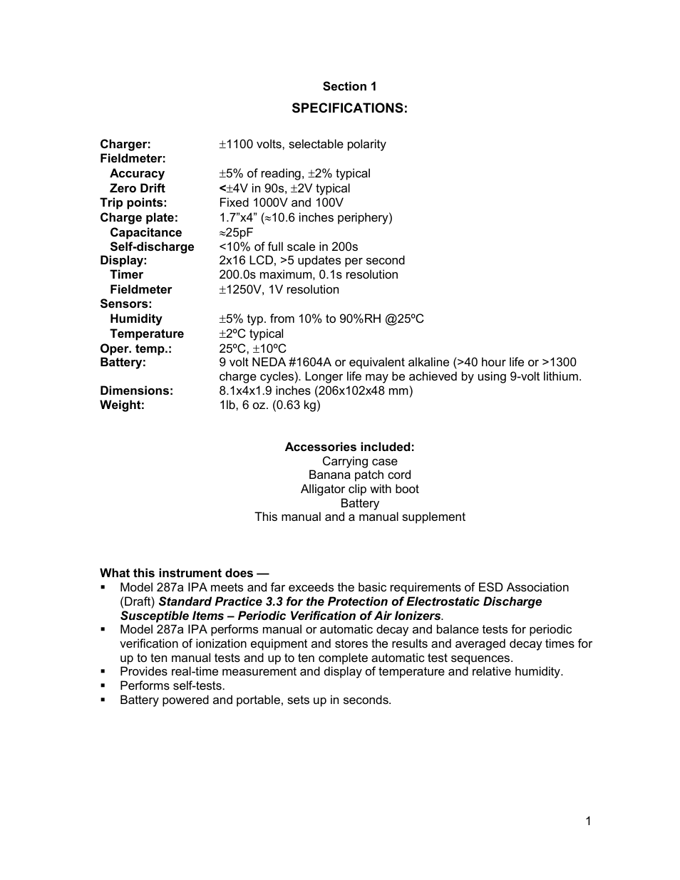 Monroe Electronics Charge Plate - Ionizer Performance Analyzer - model 287A User Manual | Page 3 / 12