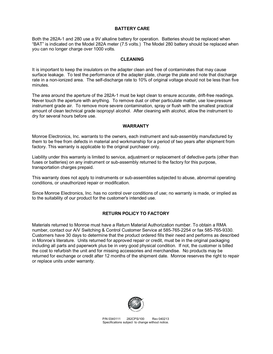 Monroe Electronics Charge Plate - System - model 282CPS User Manual | Page 4 / 4
