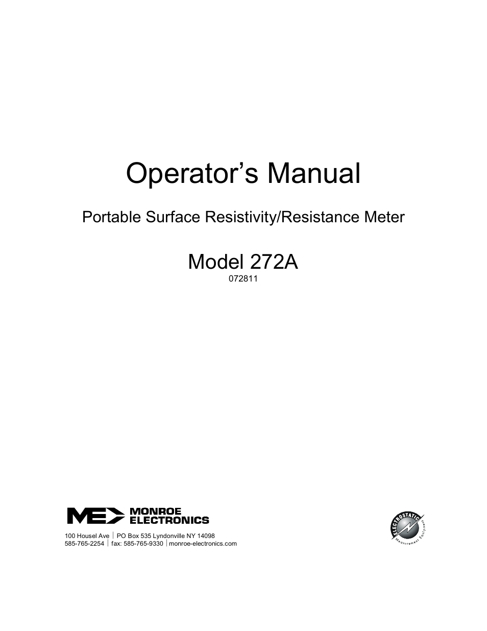 Monroe Electronics Resistivity Meter - Portable - Surface - model 272A User Manual | 10 pages