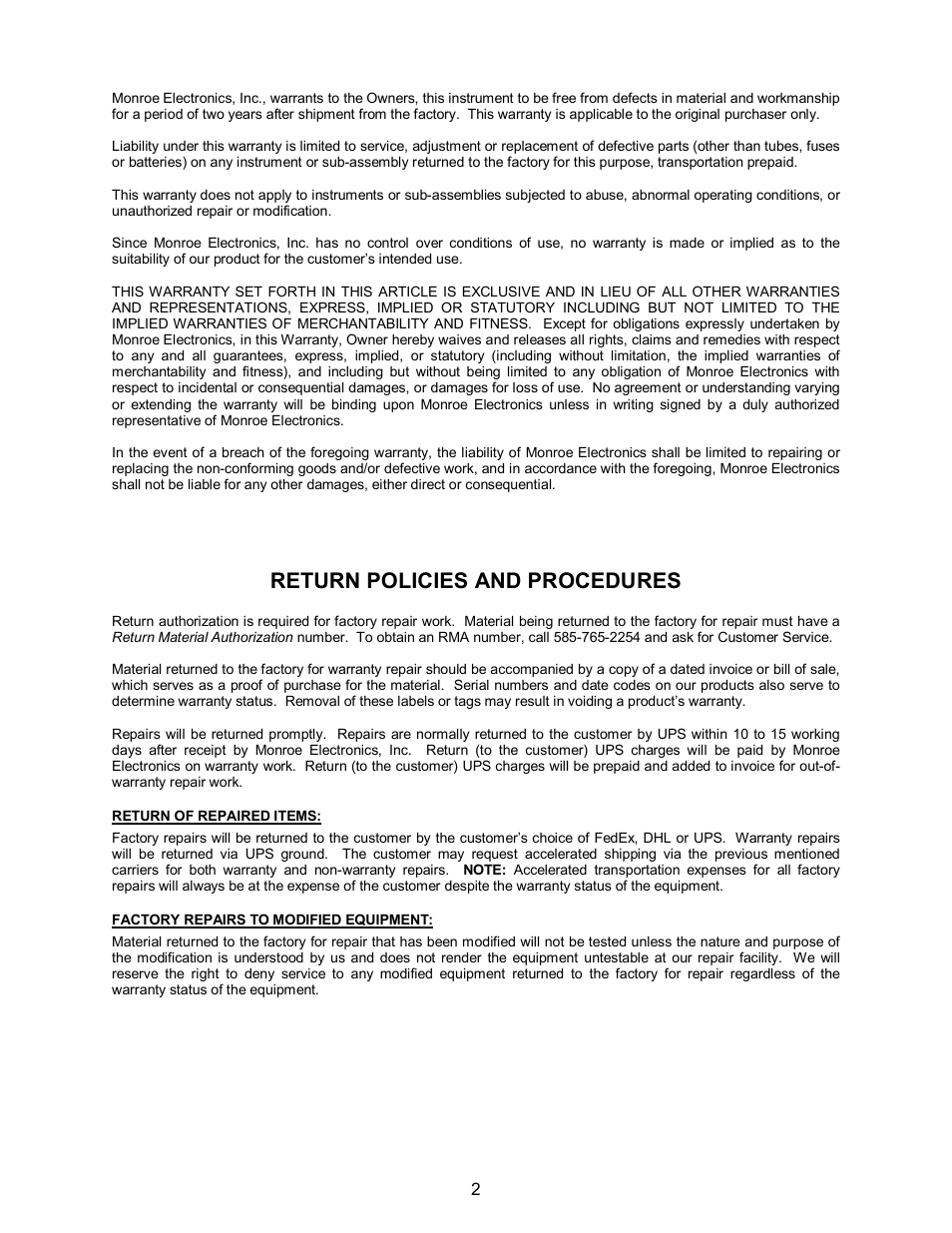 Return policies and procedures | Monroe Electronics Resistivity Meter - Portable - Surface - model 272A User Manual | Page 2 / 10