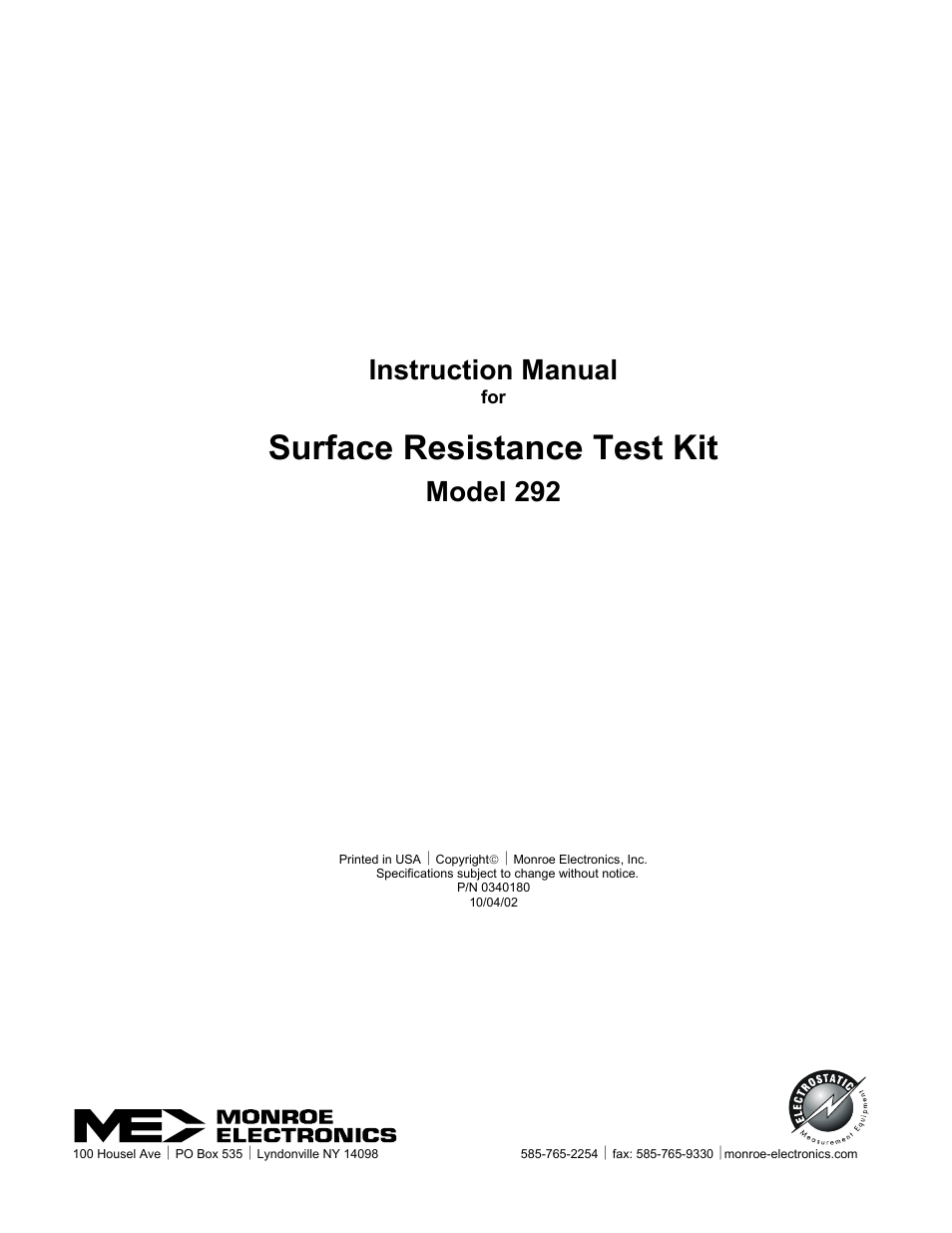 Monroe Electronics Resistance Meter - Surface - Test Kit - model 292 User Manual | 9 pages