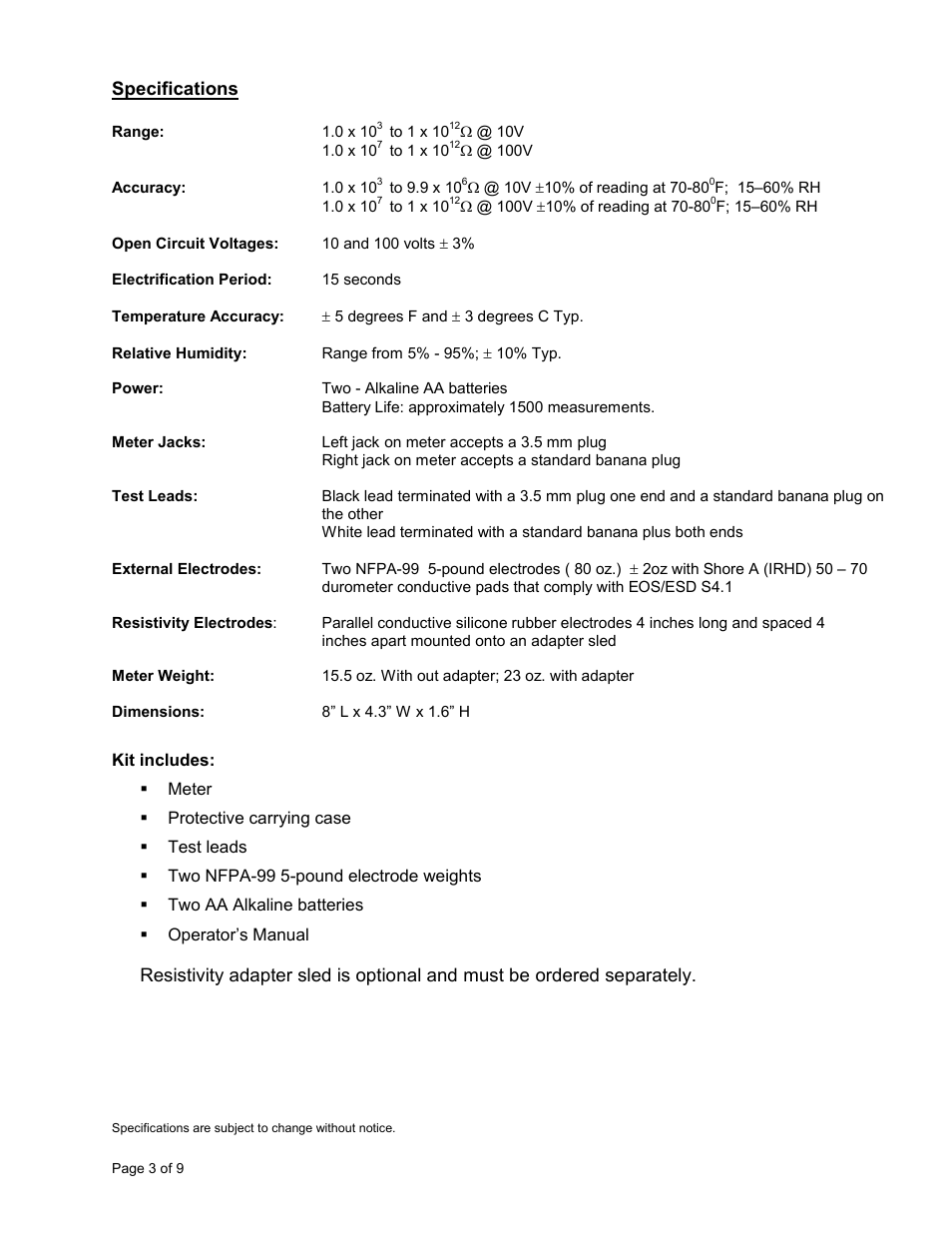 Monroe Electronics Resistance Meter - Surface - Test Kit - model 292 User Manual | Page 3 / 9