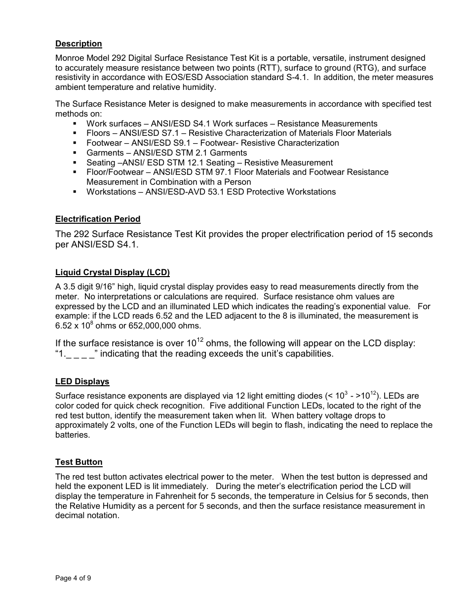 Monroe Electronics Resistance Meter - Surface - Test Kit - model 292 User Manual | Page 4 / 9