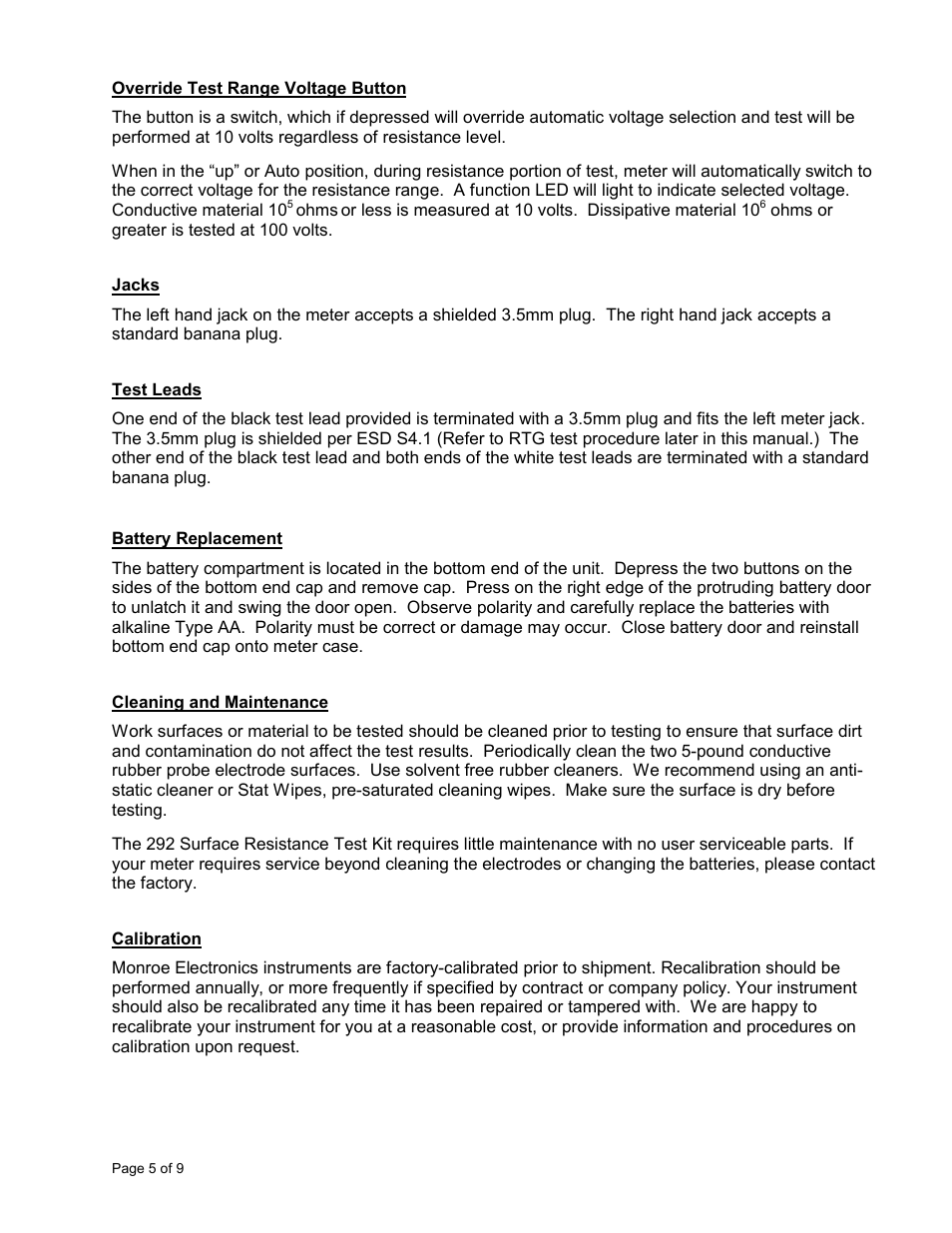 Monroe Electronics Resistance Meter - Surface - Test Kit - model 292 User Manual | Page 5 / 9