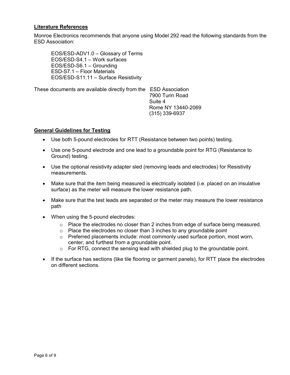 Monroe Electronics Resistance Meter - Surface - Test Kit - model 292 User Manual | Page 6 / 9