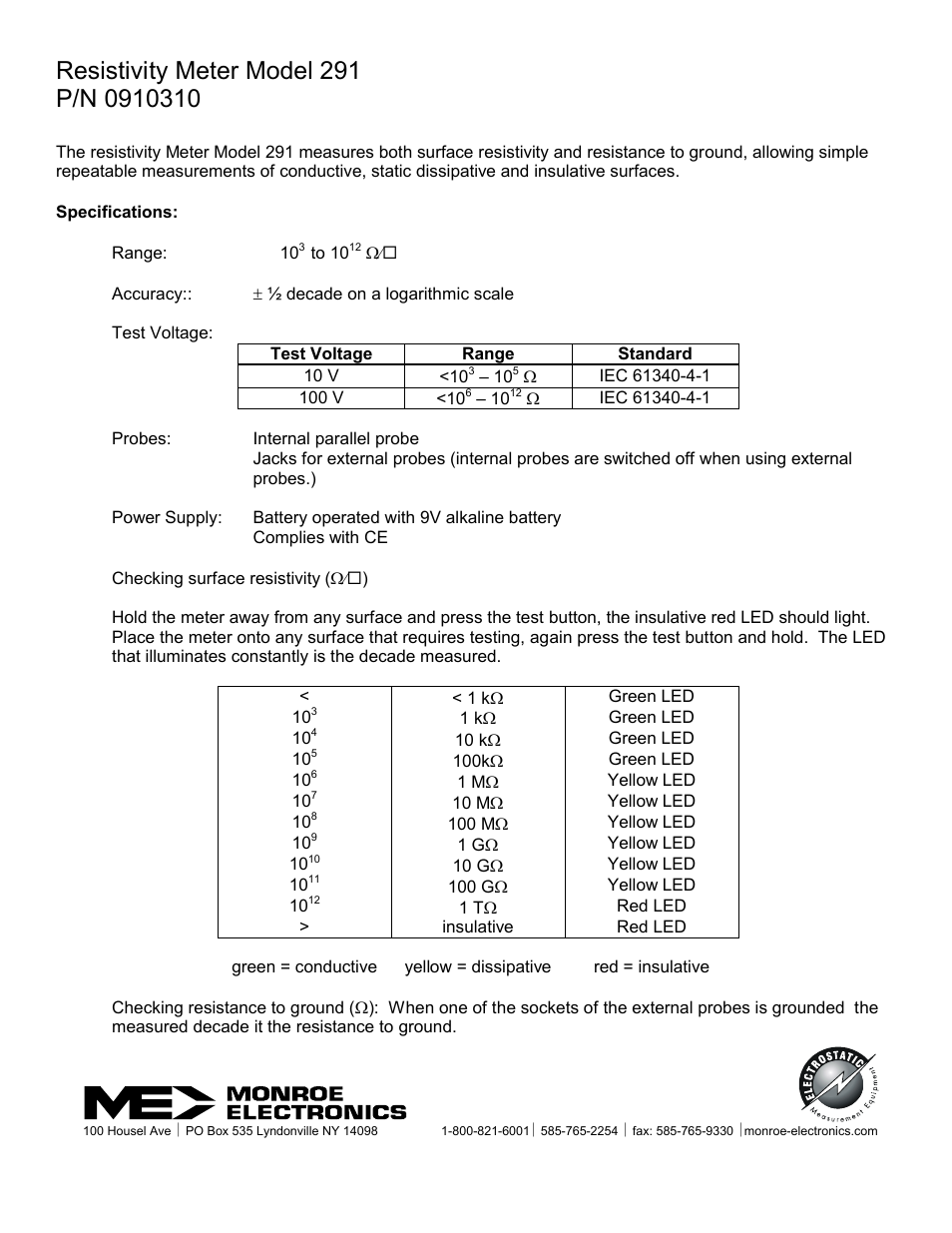 Monroe Electronics Resistivity Meter - model 291 User Manual | 2 pages