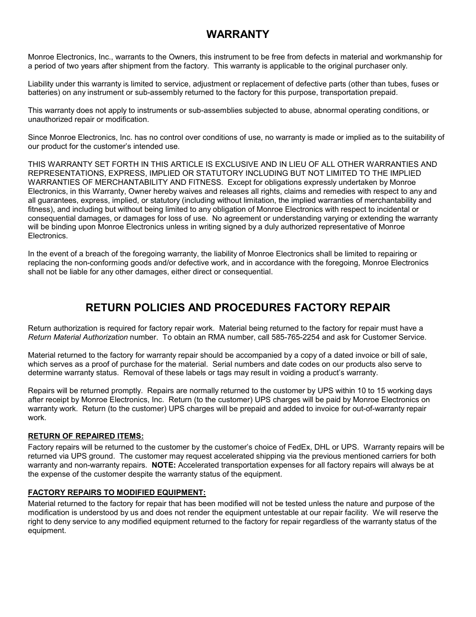 Warranty, Return policies and procedures factory repair | Monroe Electronics Resistivity Meter - model 291 User Manual | Page 2 / 2