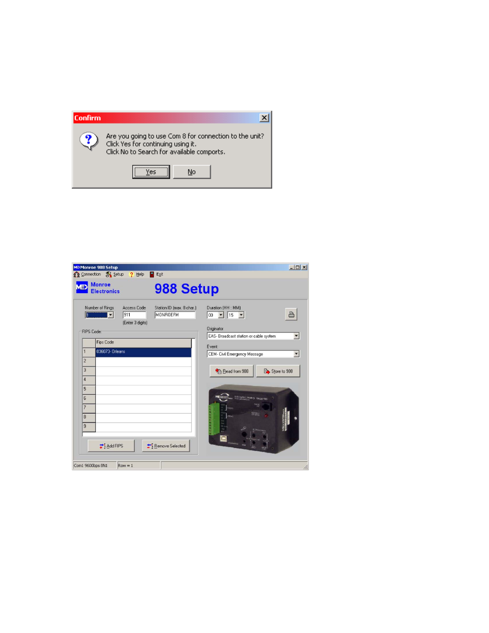 Running the 988 setup program, Connection, Setup menu | Date and time | Monroe Electronics 988 User Manual | Page 9 / 19